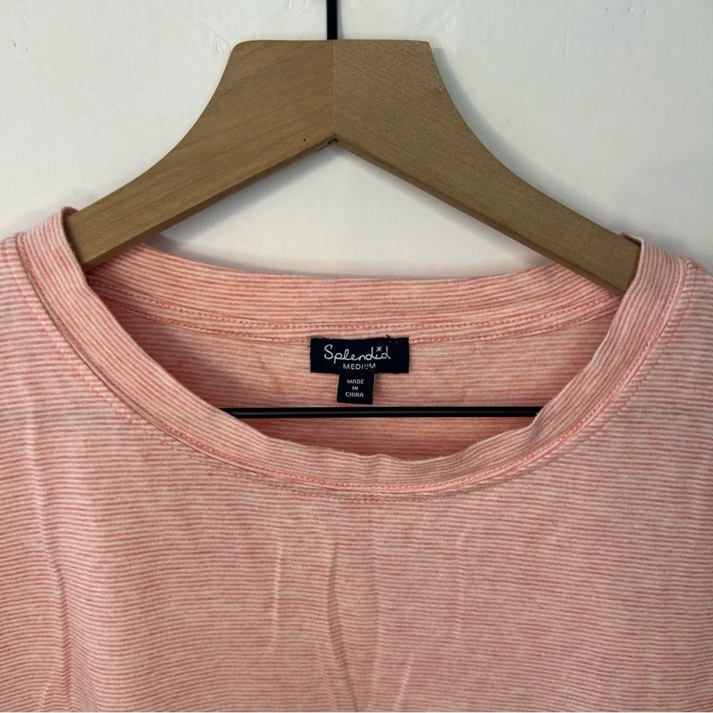 Splendid Women’s Coral and White Stripe Short Sleeve Crew Neck Tee, Size Medium - Picture 2 of 8